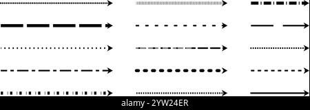 Straight thin dash arrows collection. Black long dotted arrow set. Linear dashed stripe elements bundle for flyer, poster, brochure, booklet, banner. Doodle sketch pointers or direction lines. Vector Stock Vector