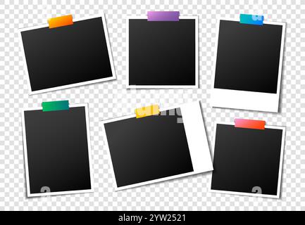 Photo frame. Scrapbook picture border, album colorful adhesive tape as image background. Vintage portrait photograph. Gallery square empty paper. Coll Stock Vector