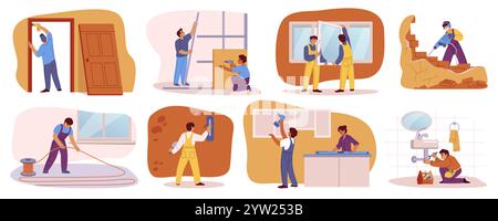 Home repair. Building construction installation. Handyman working on kitchen or apartment interior. Workers installing door or window. Professional cr Stock Vector