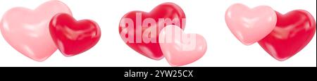 Valentines Day Hearts. Realistic vector illustration of two shiny red and pink hearts. Symbol of love, romantic, wedding. For wedding invitation Stock Vector