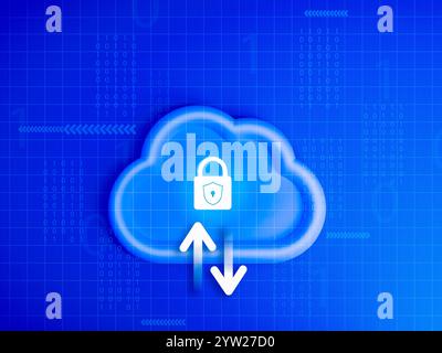 Cloud computing storage, digital data technology protection security concept. Digital padlock icons with upload and download arrows on white cloud, bi Stock Photo