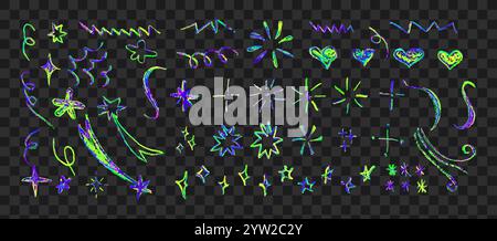 Set of colorful neon chalk drawing elements. Shine or sparkle, hearts and stars doodle collection. Children style rainbow wax pencil handdrawing Stock Vector