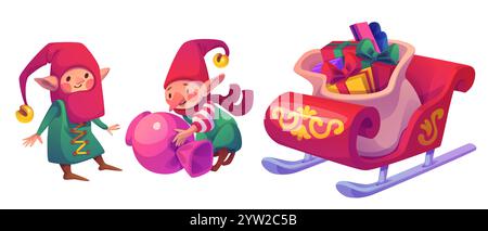 Cute elves in festive outfits carrying large candy next to decorated sleigh filled with colorful gifts in big sack. Playful Christmas atmosphere with Santa Claus helpers for Xmas holiday cards. Stock Vector