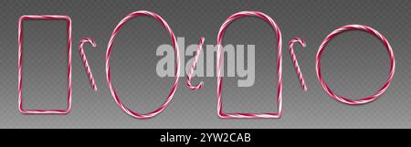 Festive candy cane designs in red and white stripes forming various shapes - rectangular, circular and arch frames on transparent background. Sweet caramel Christmas holiday decoration border. Stock Vector