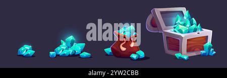 Treasure gems pile increase progress for game level rank award. Turquoise crystals in heap, brown cloth sack full of jewel gemstones, open ancient wooden chest overflowing with shiny diamonds. Stock Vector