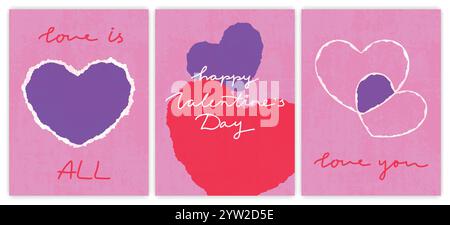 Creative textured Valentine Day cards set with cut and torn paper hearts and hand drawn text. Vector love cover backgrounds, love card templates Stock Vector