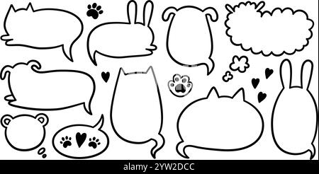 Cat dog pet speech bubble. Empty cute frames with tails set. Hand drawn sketch doodle line animal frame design. Cat, dog paw cute talk speech bubble Stock Vector