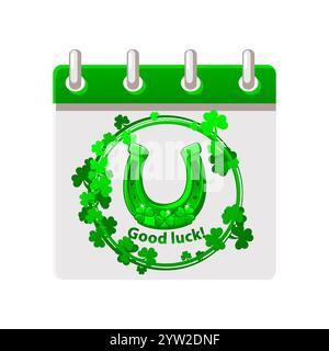 Calendar with St.Patricks Day, Horseshoe in clovers wreath for your greeting card, sticker, design, print or invitation Stock Vector