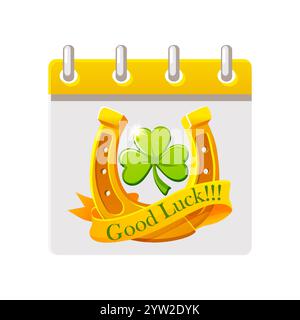 Calendar with Horseshoe, ribbon and clover or shamrock for your greeting card, sticker, design, print or invitation Stock Vector