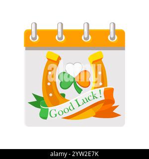 Calendar with lucky symbols. Horseshoe, ribbon and clover or shamrock in Irish flag colors for your postcard, sticker, design, print or invitation Stock Vector