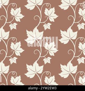 Grape vine with leaves pattern, beige coft color vine silhouette, on mocha mousse background. Vector illustration Stock Vector