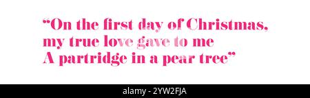 Cheerful Christmas-themed graphic featuring the iconic line On the first day of Christmas, my true love gave to me a partridge in a pear tree, Stock Vector