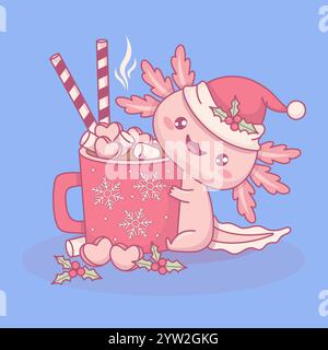 Cute Christmas Axolotl in Santa hat with festive red cup Hot Cocoa with Marshmallows, striped candy and holly. New Year funny little cartoon kawaii ch Stock Vector