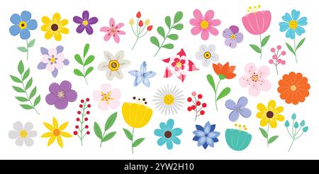 Flower spring clipart colorful set. Spring flowers drawing collection like daisy, tulip, jonquil, daffodil, chamomile and crocus clip art graphic Stock Vector