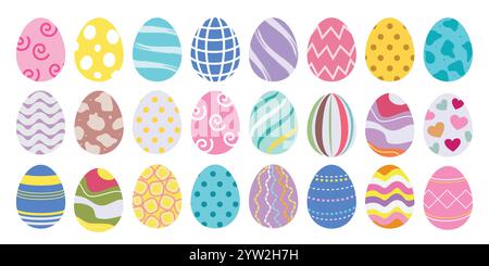 Easter eggs drawing clip art set. Easter egg flat collection clipart in pastel, colorful and multicolored graphic elements. Vector illustration Stock Vector
