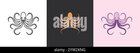 Octopus mystic icon set. Black and colorful geometric vector logo template Stock Vector