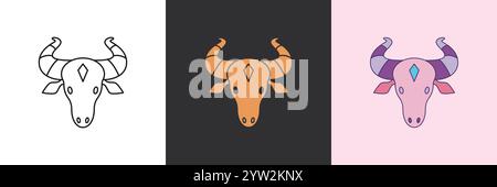 Bull mystic icon set. Black and colorful geometric vector logo template Stock Vector