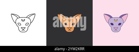 Cat mystic icon set. Black and colorful geometric vector logo template Stock Vector