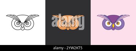 Owl mystic icon set. Black and colorful geometric vector logo template Stock Vector