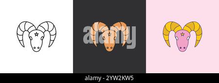 Goat mystic icon set. Black and colorful geometric vector logo template Stock Vector