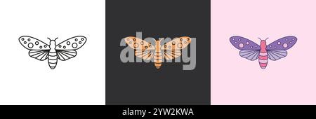 Butterfly moth vector icon set. Black and colorful logo template Stock Vector