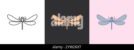 Dragonfly vector icon set. Black and colorful logo template Stock Vector