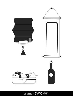 Feng Shui ornaments spring festival black and white 2D line objects set Stock Vector
