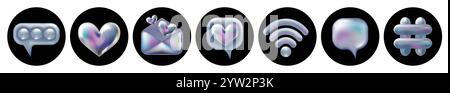 3d holographic retro 90 icons set. Chrome Heart, Speech Bubble, Hashtag, Envelope, Wi-Fi Sign isolated on black. Future galaxy aesthetic, 3D chrome bubble art. Metal glossy sticker set. Stock Vector