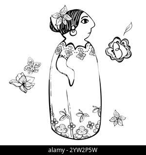 Mexican Spanish porcelain doll table decoration figurine with floral ornament decoration, fruit basket. Hand drawn ink vector isolated illustration Stock Vector