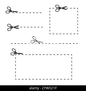 Scissors with borders. Dashed line frames. Paper cutting icons. Simple vector design. Stock Vector