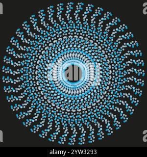 Blue dot spiral. Concentric ring pattern. Abstract circle vector. Black background design. Stock Vector