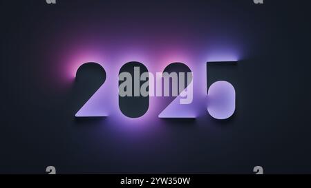 Elegant “2025” typography in a neon style, surrounded by subtle, colorful lighting in shades of pink and purple on a dark background. Perfect for New Stock Photo