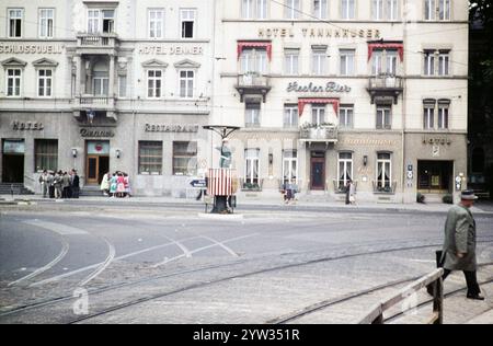 Traffic policeman in street in front of hotels, Bergheimer Strasse, Heidelberg, Baden-Württemberg, Germany, Europe, 1959 Stock Photo