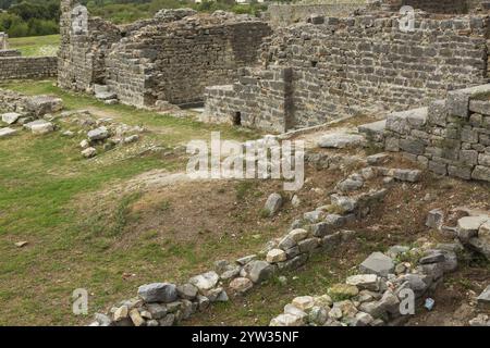 High angle view of old stone wall structures at ancient 3rd century Roman ruins of Salona near Solin in late summer, Croatia, Europe Stock Photo