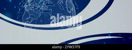 Gray freeform curve and stripe run across a glowing digital globe background. Abstract technology background. Stock Photo