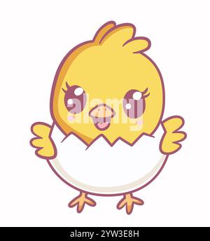 Illustration of a little baby chicken bird cartoon character breaking out of a Easter egg Yellow cute chick. Stock Vector