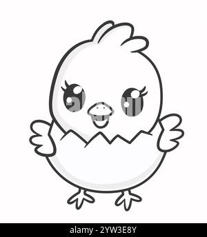 Black and white line Illustration of a little baby chicken bird cartoon character breaking out of a Easter egg. Cute chick coloring page for coloring Stock Vector