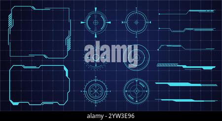 Futuristic HUD frames, borders text box target game menu ui panel. Line tech line bar. Screen elements Sci Fi for Gaming UX UI. Vector illustration Stock Vector