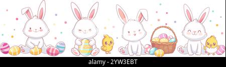 Collection of cute Easter rabbits. Cartoon characters of happy bunnies couples with Easter eggs, chickens, flowers. Kawaii hares for Eastery card Stock Vector