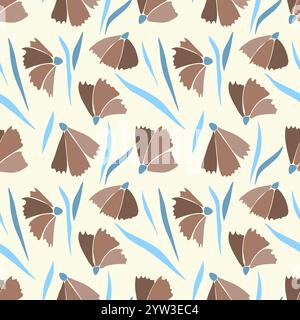 Pattern of flowers in mocha tones with blue leaves on soft beige background. The color trend is mocha mousse. Vector illustration Stock Vector
