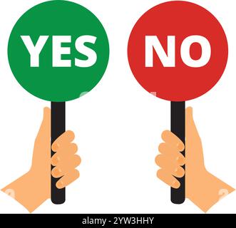 Hands holding red and green round signs with yes and no words on them Stock Vector