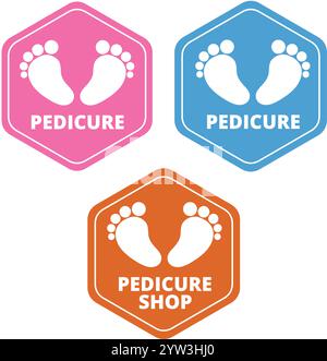 Colored pedicure signs with the draw of feet on a white background Stock Vector