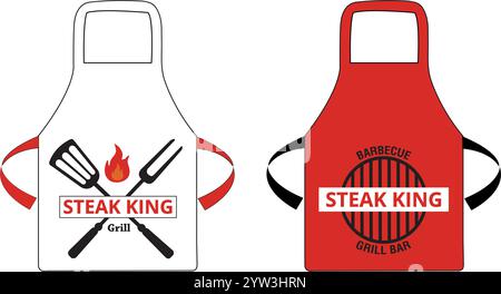 Red and white aprons with barbecue utensils draws and steak king phrase on a white background Stock Vector