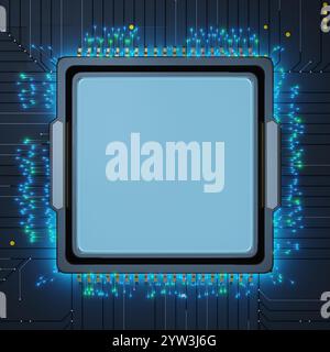 Blue microchip is situated at the center of an intricate circuit board. Glowing blue lights and electronic components radiate from the chip, symbolizi Stock Photo