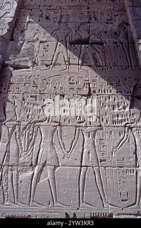 Close up of reliefs on First Pylon at Medinet Habu , Mortuary Temple of ...