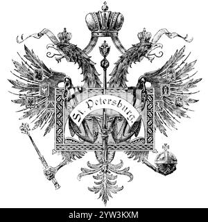 Coat of arms with ruler symbols, tsar's crown, imperial plaque and sceptre, double-headed eagle with crown, anchor with inscription, plumage, Saint Pe Stock Photo