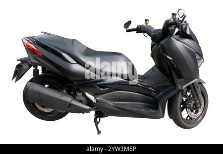 Side view of strong and beautiful black urban motorbike or motorcycle is isolated on white background with clipping path. Stock Photo