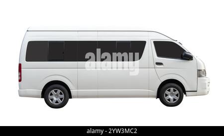 Side view of white van car is isolated on white background with clipping path. Stock Photo