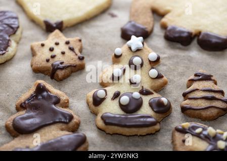 Festive biscuits with chocolate decorations in the shape of Christmas trees and stars on baking paper, Christmas baking, Christmas biscuits, Germany, Stock Photo