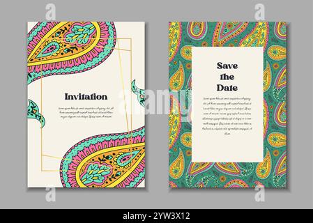 Two greeting cards templates set with bright colorful paisley motifs Stock Vector